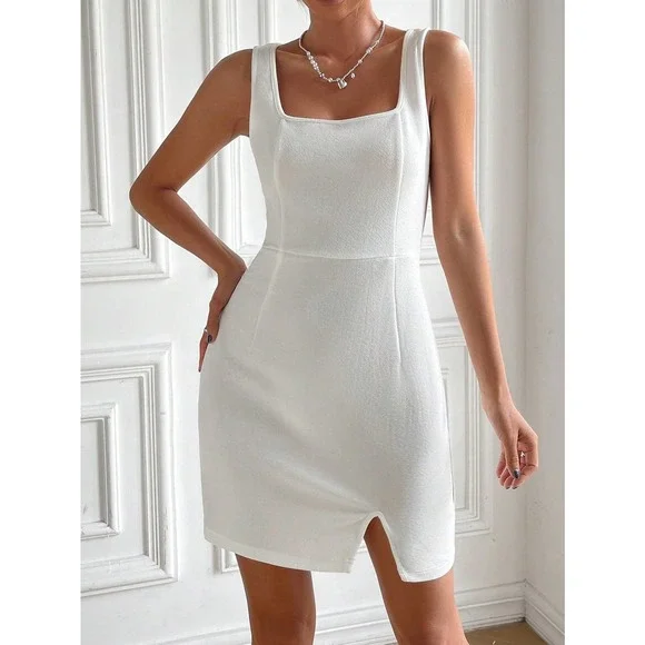 minimalist business casual workwear square neck Split Hem mini Dress blue - Picture 10 of 11